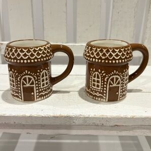 Christmas Holiday Gingerbread House Ceramic Espresso Mug Set Adorable 2 PC Set